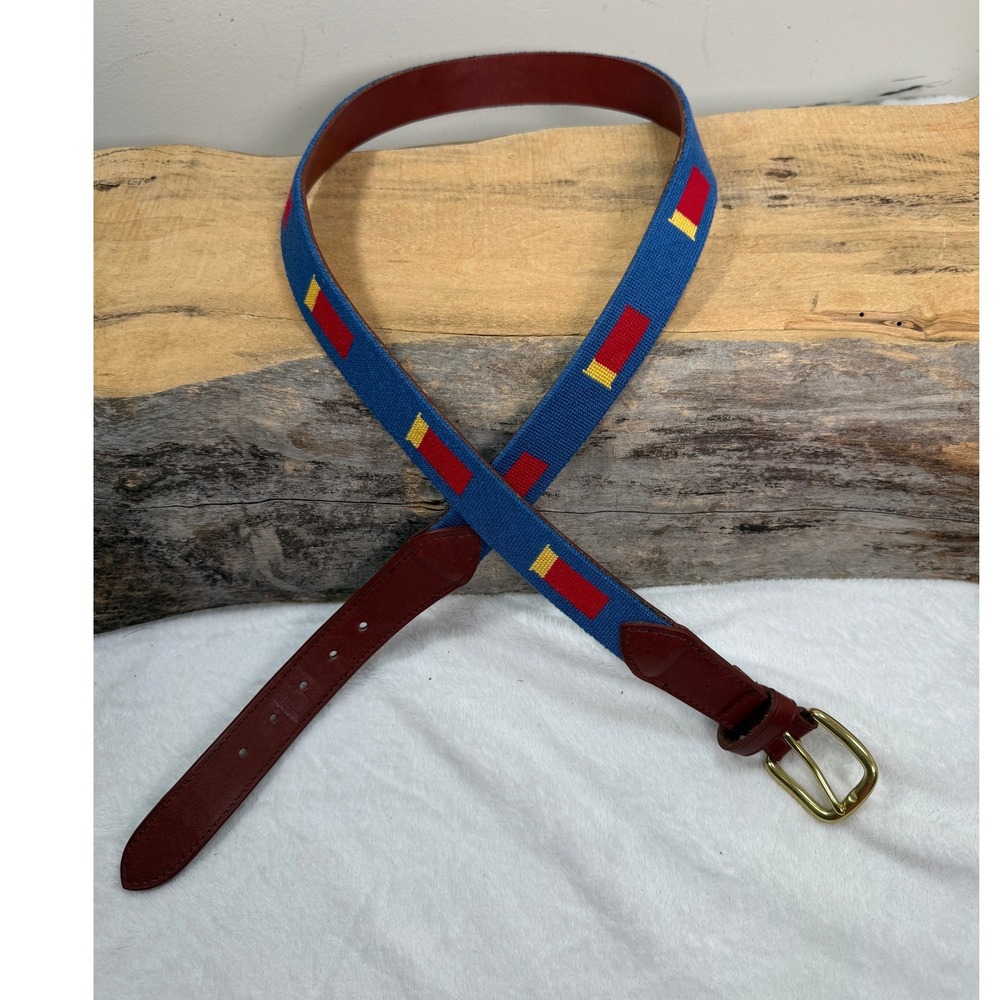 Asher Riley Mens Needlepoint Belt 40 Blue Leather Shotgun Shells Brass Buckle - Picture 5 of 7